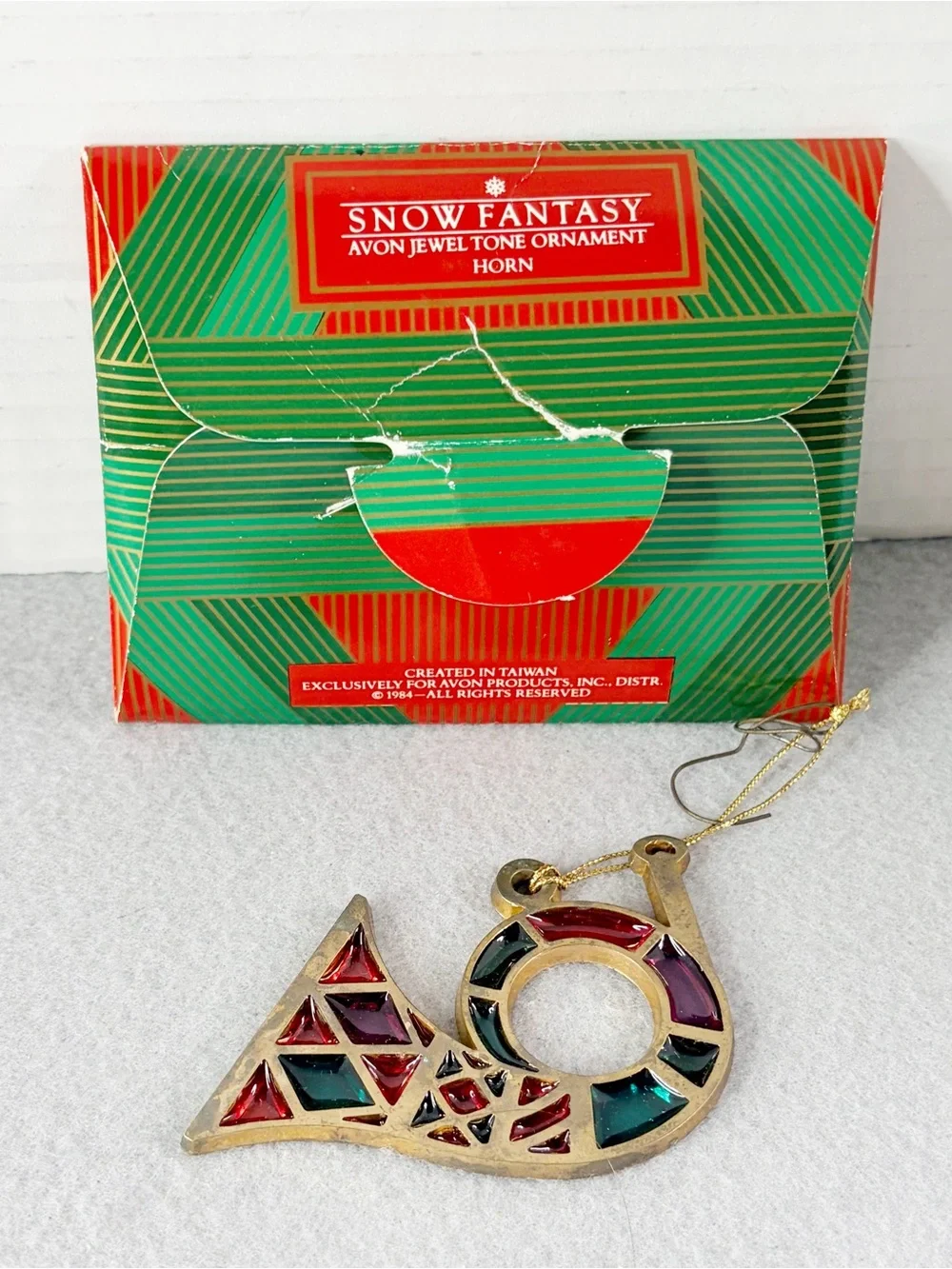 Vintage Avon Christmas Ornament Stained Glass Horn Snow Fantasy 1984 Holiday